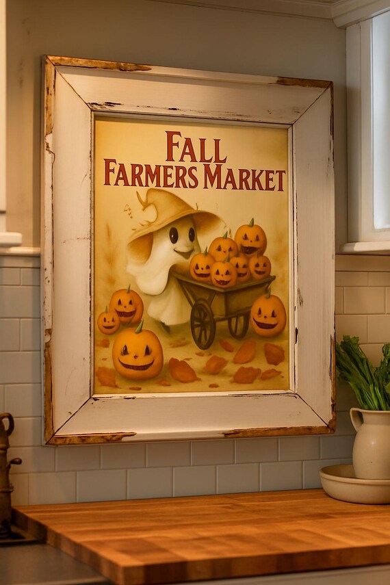 Fall Farmers Market Cute Ghost Pumpkin Harvest Wheelbarrow Art Poster