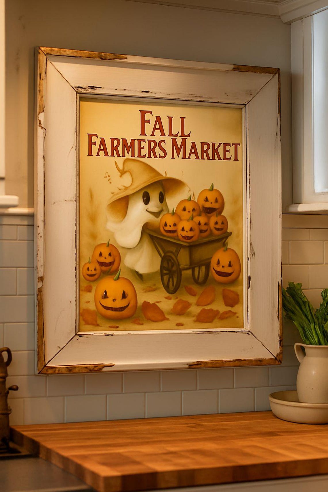 Fall Farmers Market Cute Ghost Pumpkin Harvest Wheelbarrow Art Poster