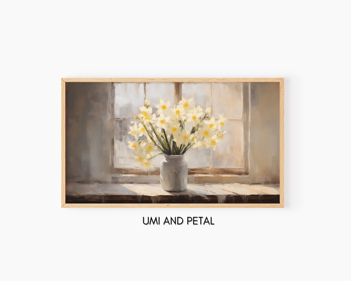 Yellow Daffodils Vase Rustic Window Spring Floral Art Poster