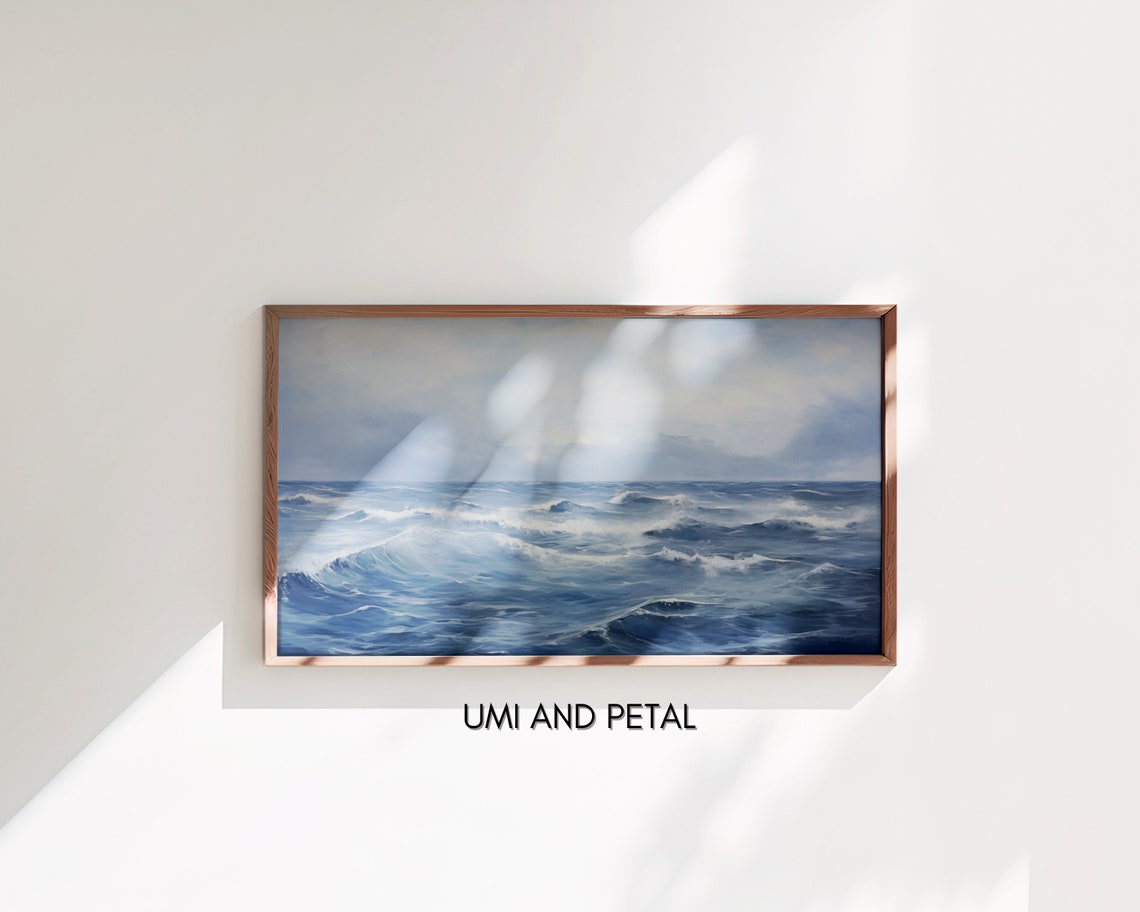 Rolling Blue Ocean Waves Bright Cloudy Sky Seascape Painting Poster - Image 3