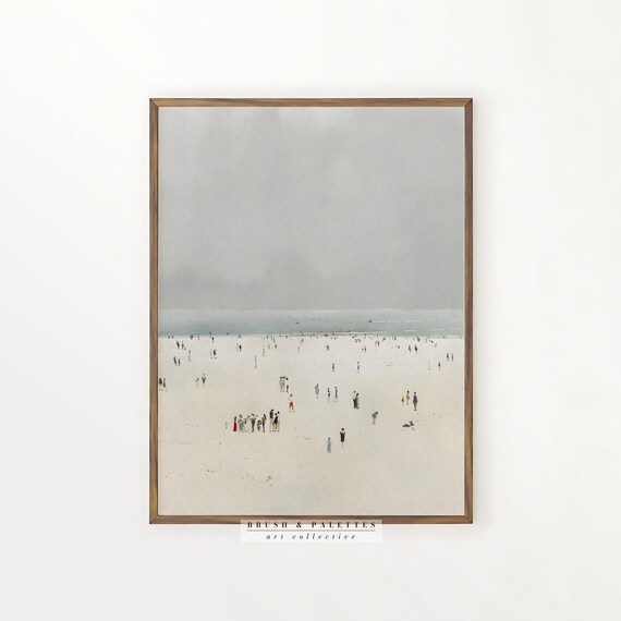 Tiny Figures On Vast Pale Beach Minimalist Coastal Art Print