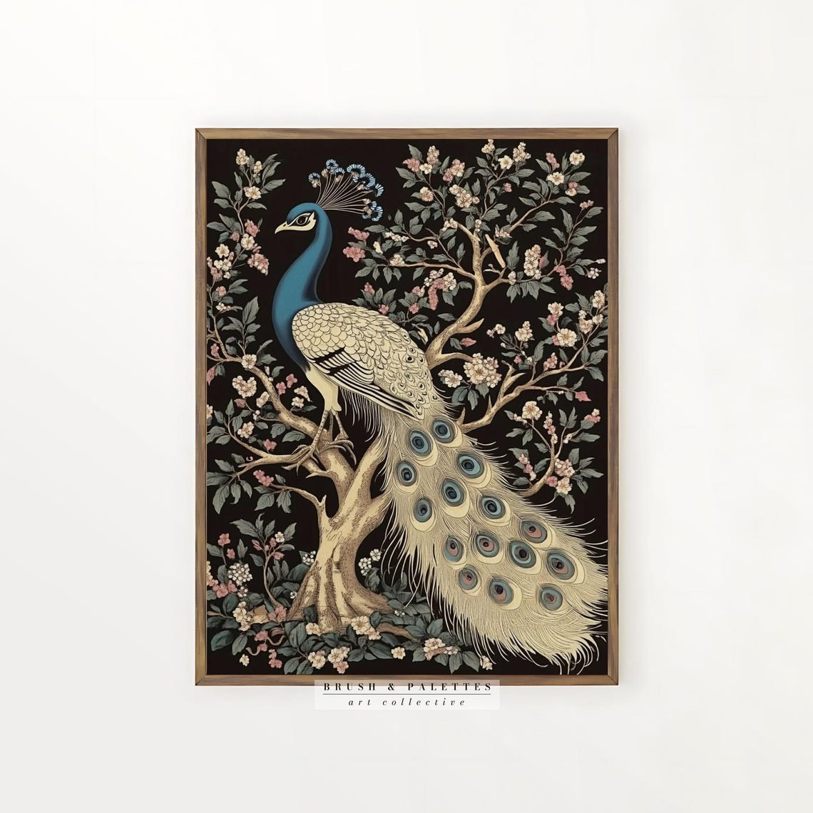 Peacock on Flowering Tree Dark Chinoiserie Style Bird Painting Poster