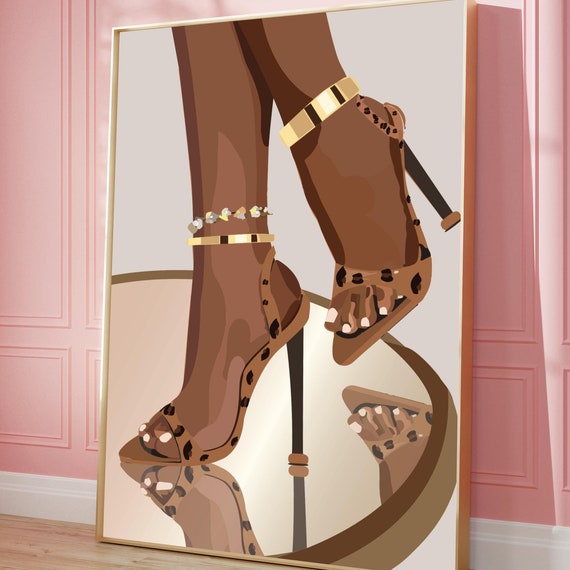 Black Woman Art Print Leopard High Heels Fashion Poster Digital Download