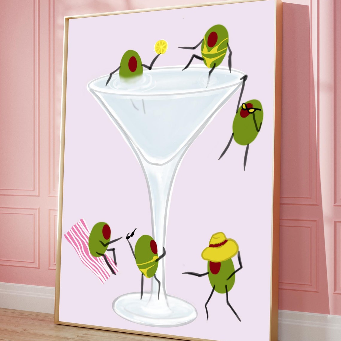 Martini Olive Art Print Retro Cocktail Bar Cart Decor Digital Download