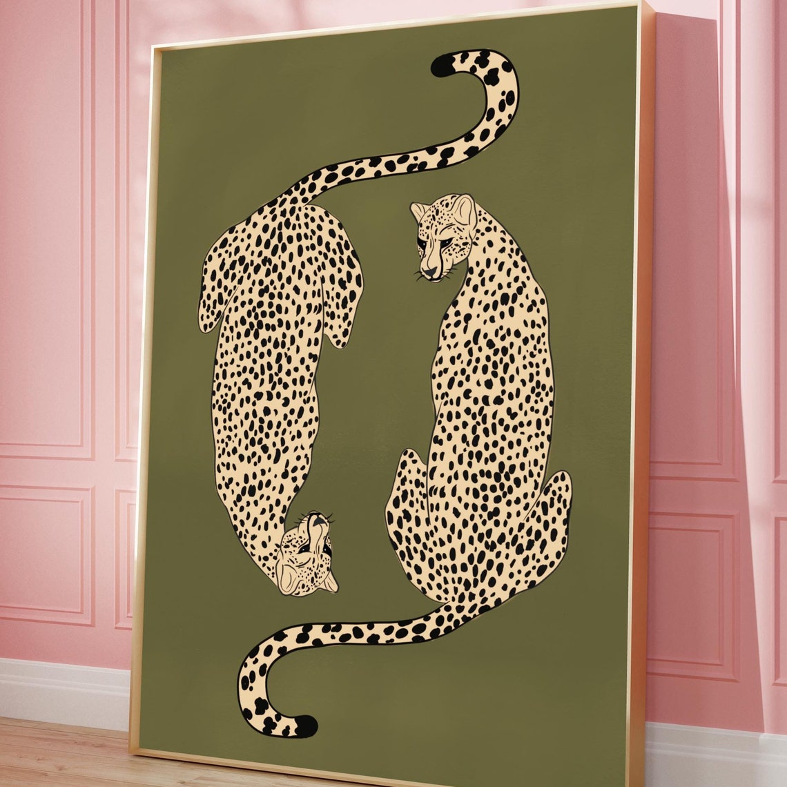 Two Mirrored Cheetahs On Olive Green Retro Wildlife Art Poster