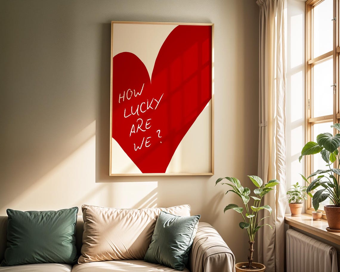 How Lucky Are We Red Heart Handwritten Quote Typography Art Poster - Image 2