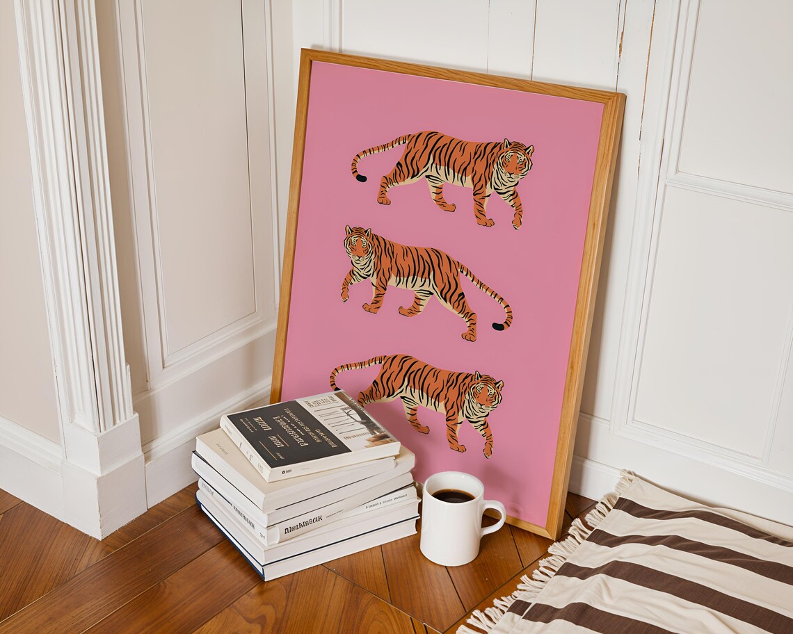 Three Orange Tigers Pink Background Pop Art Style Animal Poster - Image 4