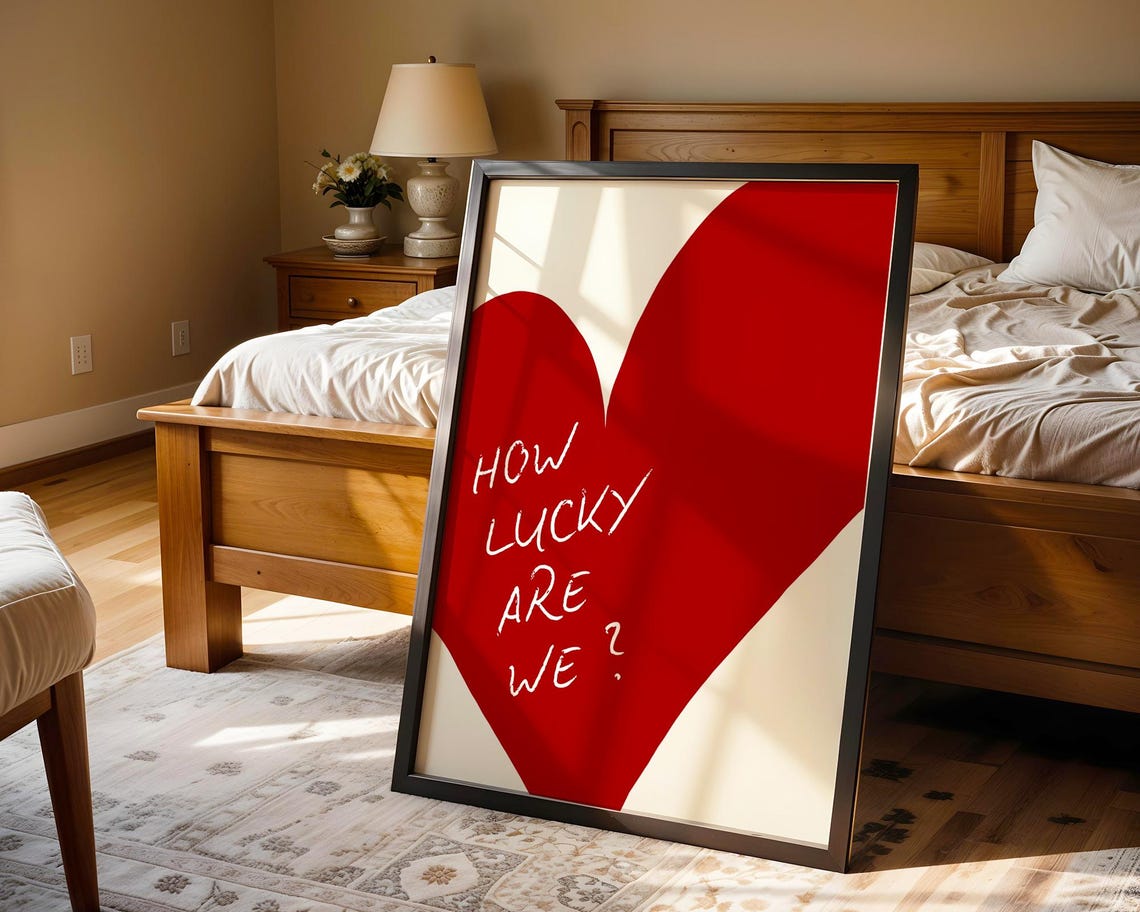 How Lucky Are We Red Heart Handwritten Quote Typography Art Poster - Image 8