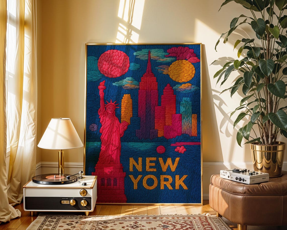 New York City Embroidered Statue Of Liberty Skyline Art Poster - Image 6