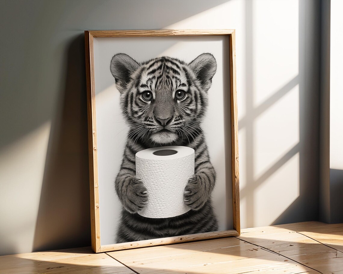 Cute Tiger Cub Holding Toilet Paper Funny Bathroom Art Poster - Image 4