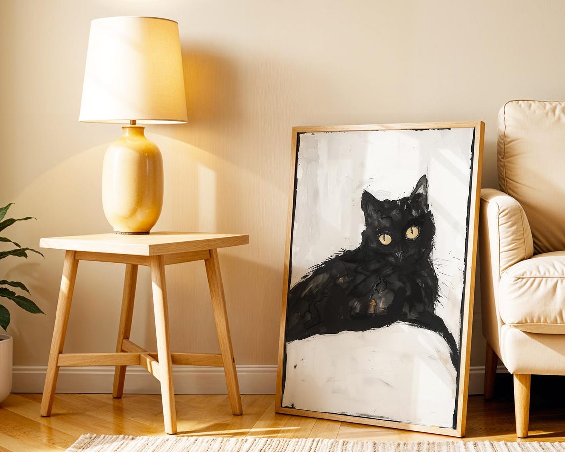 Moody Black Cat With Golden Eyes Minimalist Feline Art Poster - Image 3