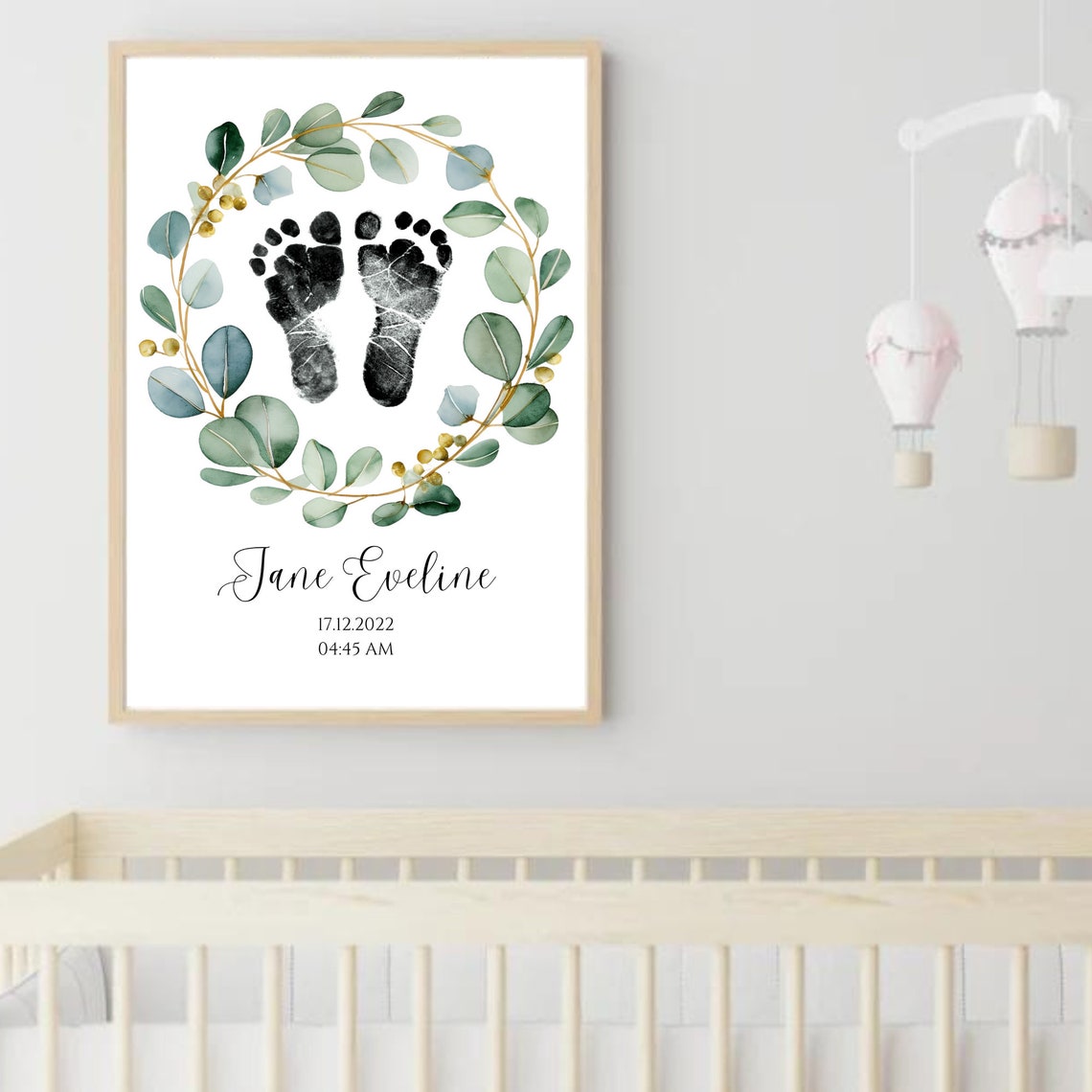 Personalized Baby Footprint Birth Print Eucalyptus Wreath Poster - Image 3