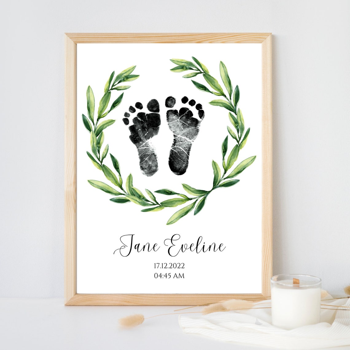 Personalized Baby Footprint Birth Print Olive Leaf Wreath Poster - Image 3