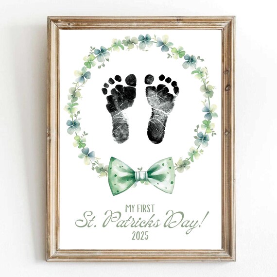 My First St Patricks Day Footprint Shamrock Wreath Green Bow Art Print