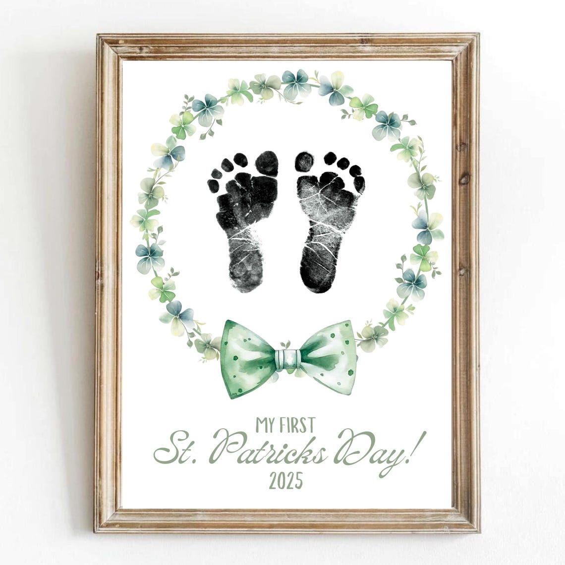 My First St Patricks Day Footprint Shamrock Wreath Green Bow Art Print