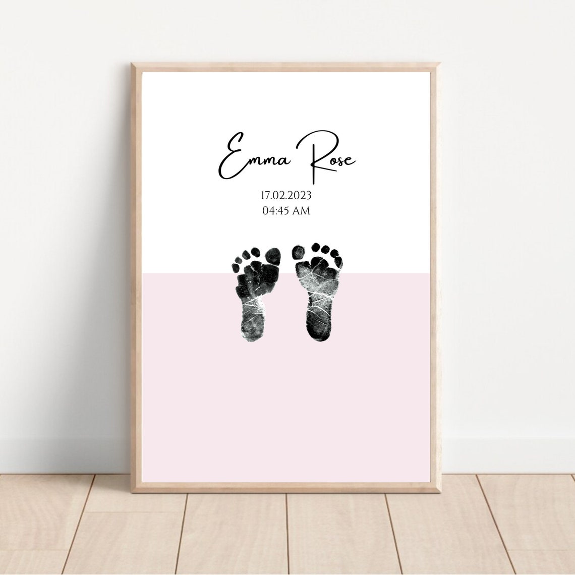 Personalized Minimal Baby Footprint Birth Print Blush Wall Art