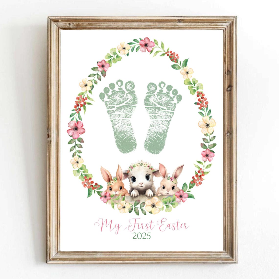 My First Easter Sage Footprint Trio Of Bunnies Floral Wreath Art Print