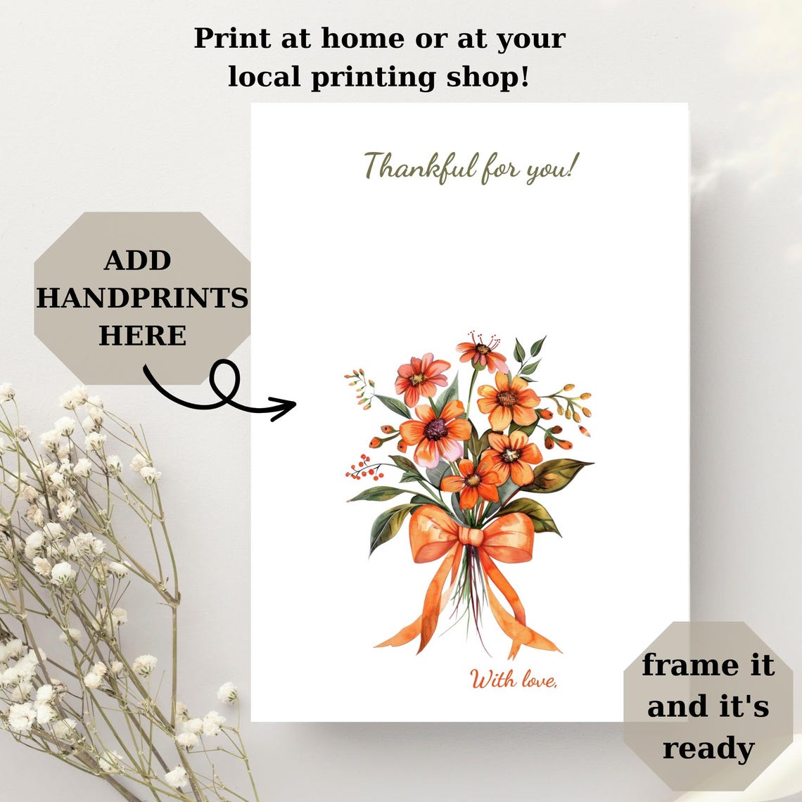 Thanksgiving Handprint Thankful For You Orange Daisy Bouquet Wall Art - Image 3