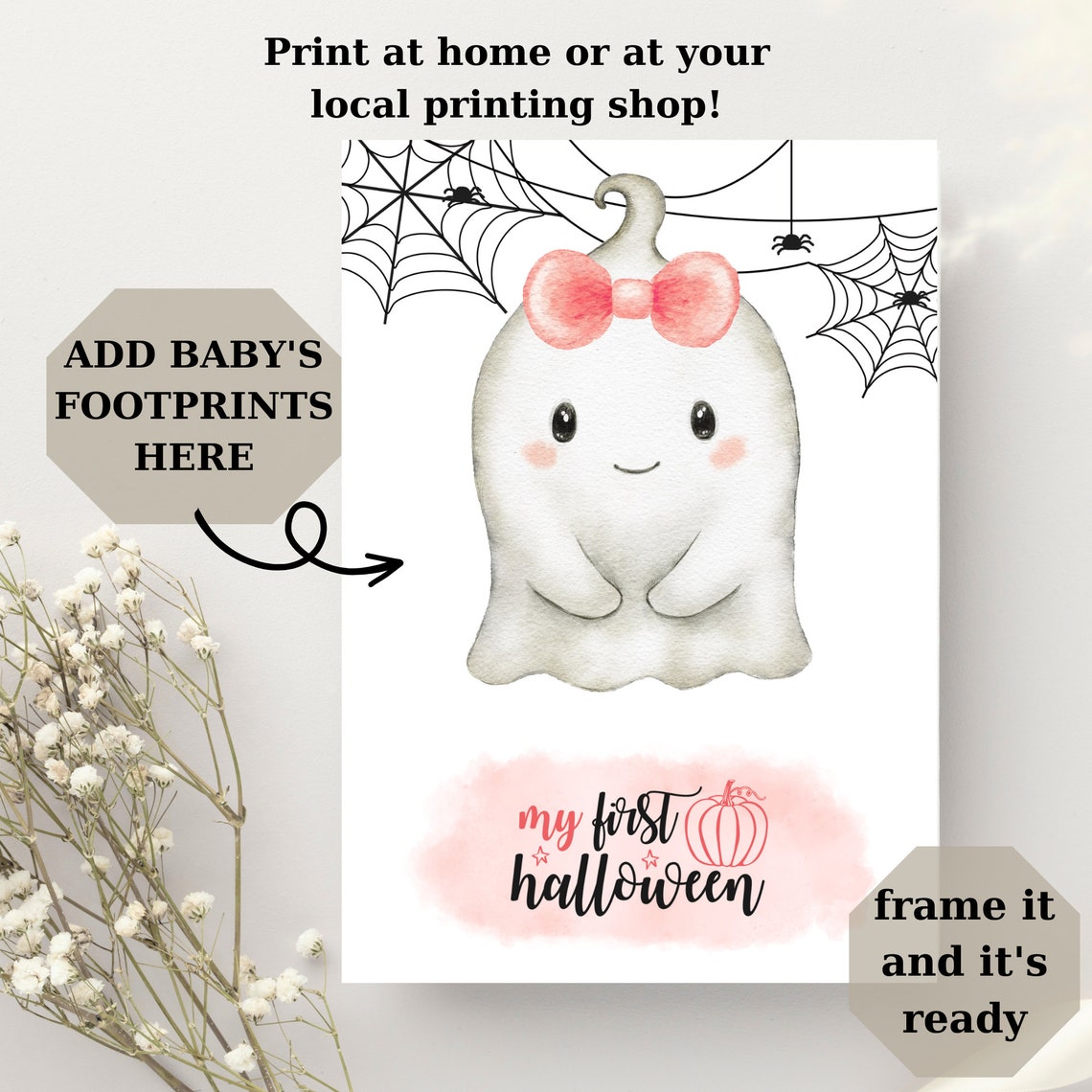 Baby Footprint First Halloween Cute Ghost Bow Keepsake Poster - Image 3