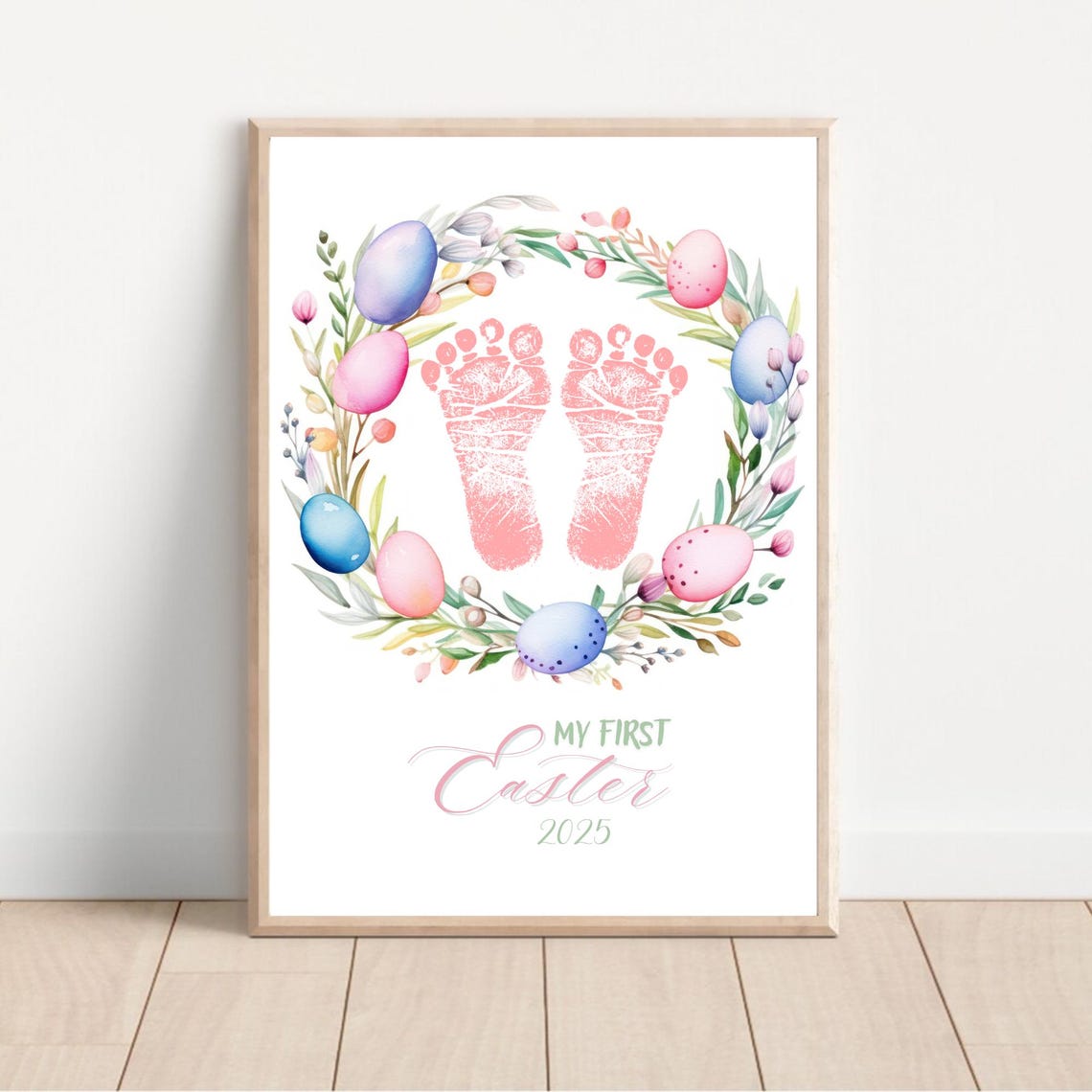 Baby Footprint First Easter Pink Pastel Egg Wreath Keepsake Poster - Image 2
