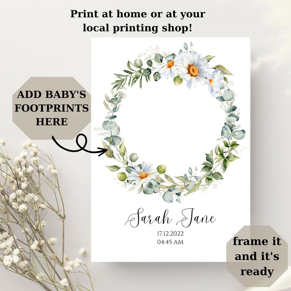 Personalized Baby Footprint Birth Print Daisy Eucalyptus Poster - Image 3