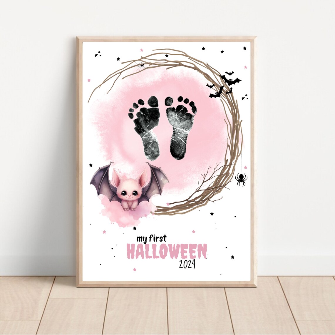 Pink My First Halloween 2024 Baby Footprint Bat Watercolor Moon Art Poster - Image 2
