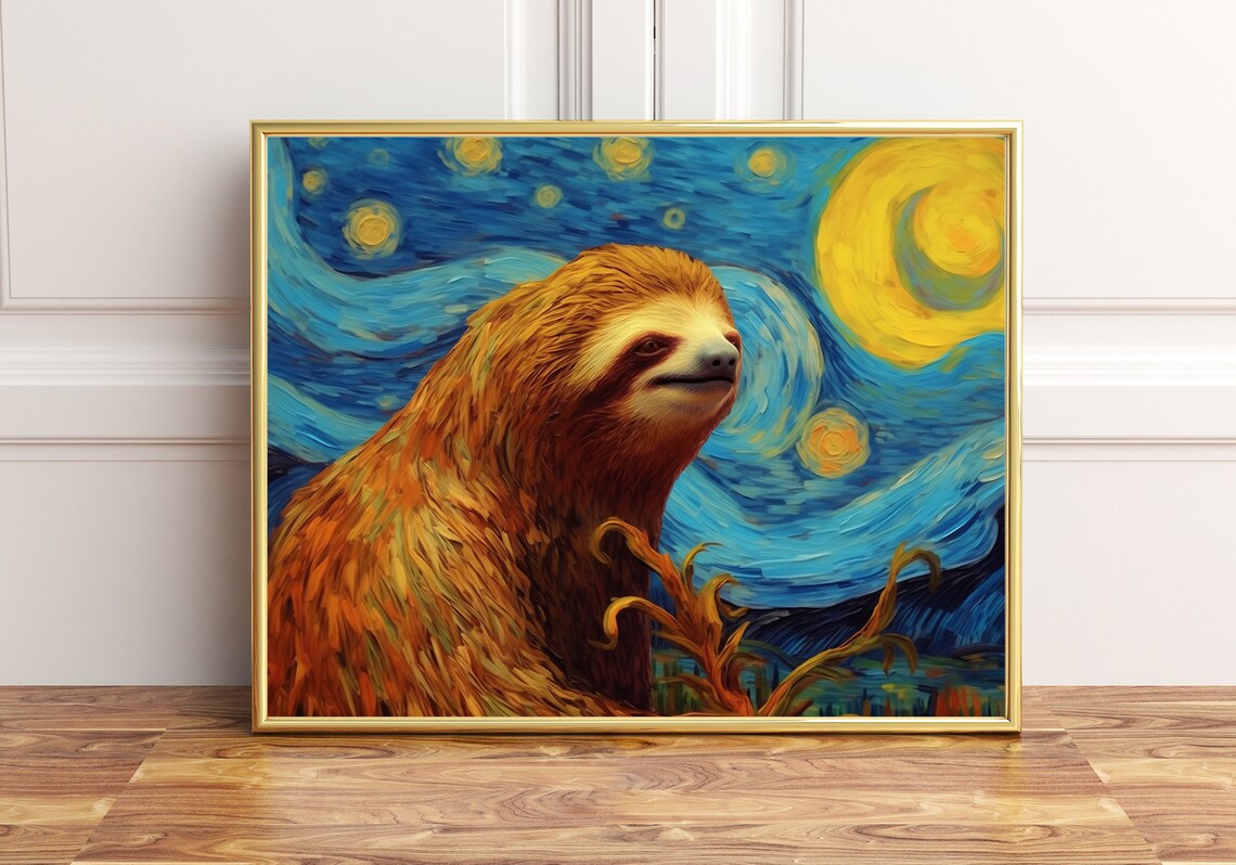 Sloth Portrait Under a Swirling Starry Night Sky Painting Poster