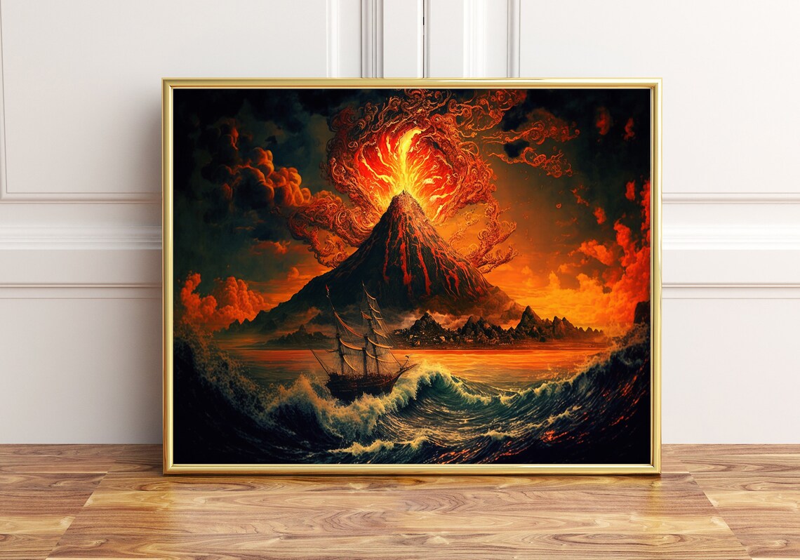 Ship Sailing During Volcanic Eruption Travel Poster