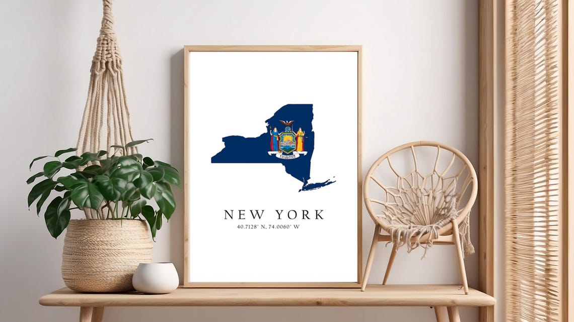 New York Map Print Flag Latitude Longitude Coordinates Poster Wall Art Home Dcor
