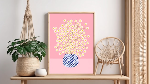Whimsical Daisy Bouquet Art Print Minimalist Floral Wall Decor In Pink Blue Modern Pastel Scandinavian Home Illustration Poster
