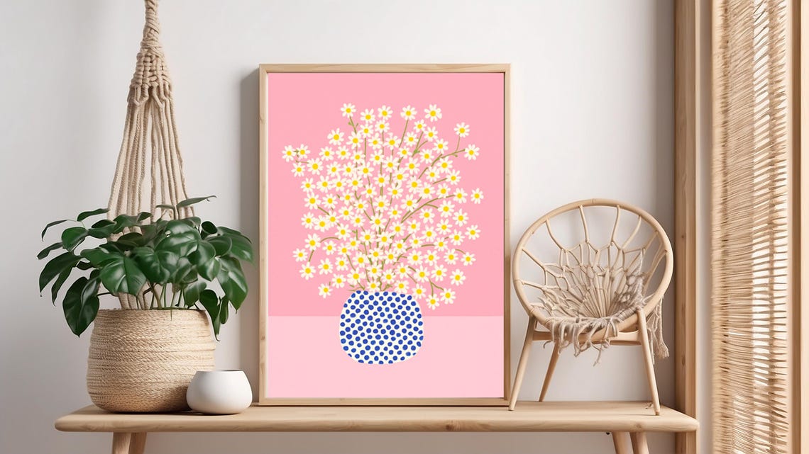 Daisy Bouquet Blue Vase Illustration Pink Pastel Floral Poster
