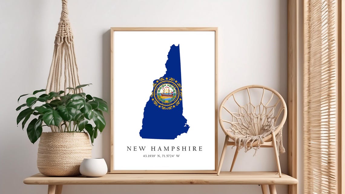 New Hampshire Map Print Flag Latitude Longitude Coordinates Poster Wall Art Home Dcor