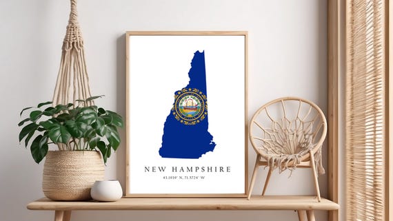 New Hampshire Map Print Flag Latitude Longitude Coordinates Poster Wall Art Home Dcor