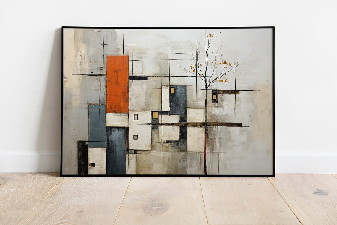 Mid Century Abstract Oil Blocks Beige Modernist Gallery Art Poster