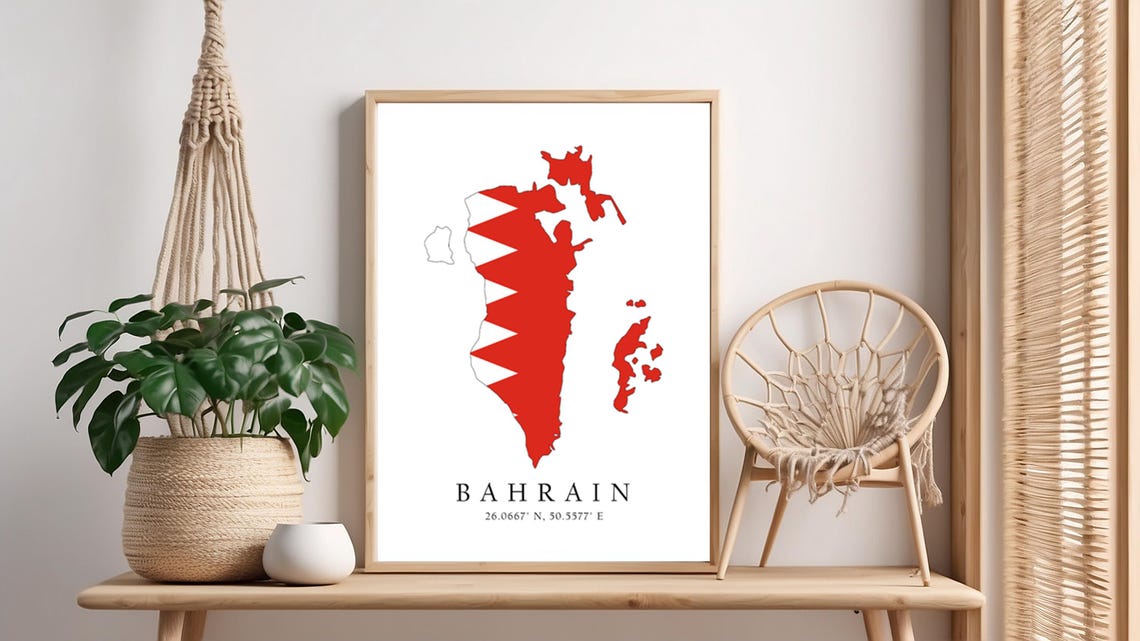 Bahrain Map Print Flag Latitude Longitude Coordinates Poster Wall Art Home Dcor