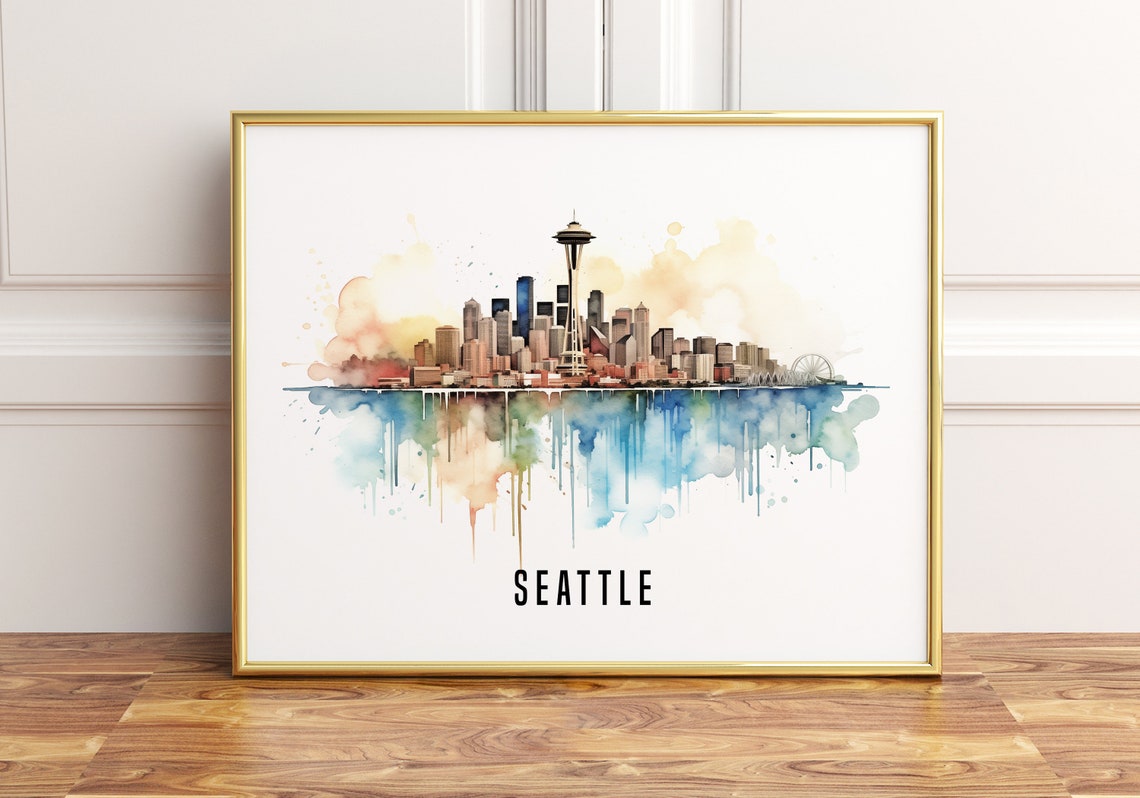Seattle Skyline Watercolor With Space Needle Cityscape Art Poster