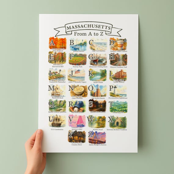 Massachusetts Alphabet Poster A To Z State Symbols And Icons Unique Travel Gift Wall Art Decor
