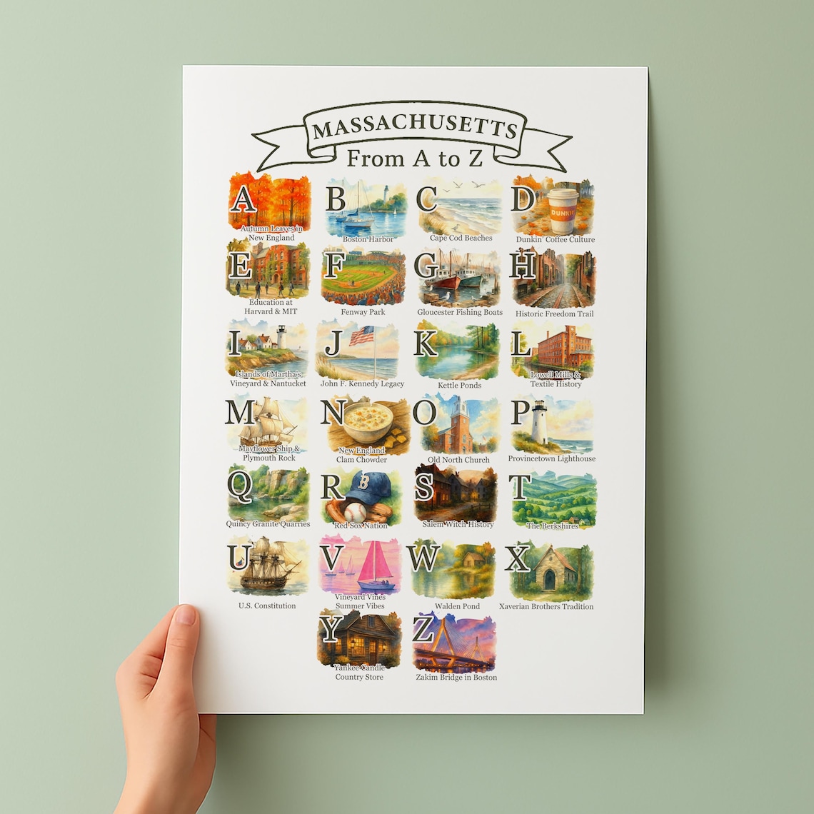 Massachusetts From A to Z Watercolor State Icons Alphabet Poster
