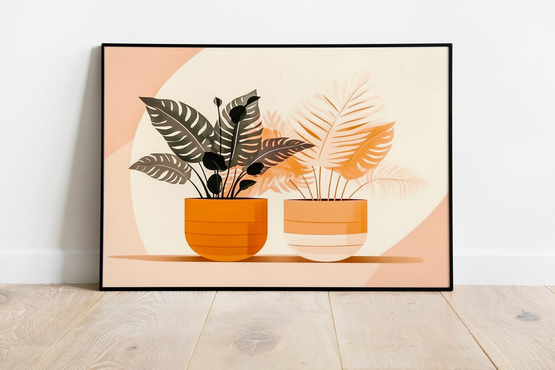 Potted Monstera Palm Orange Pots Modern Botanical Art Poster