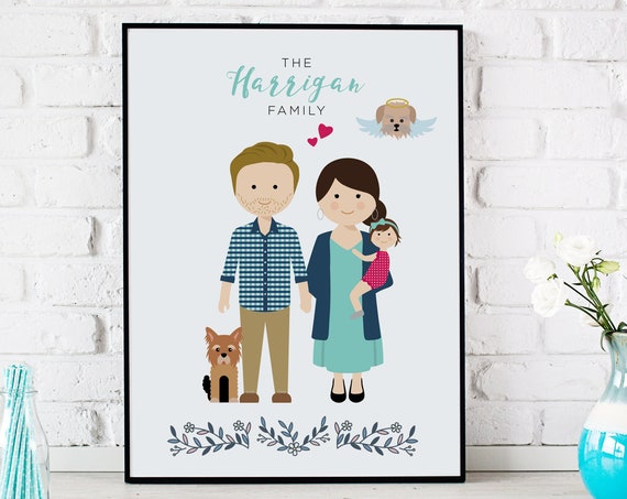 Custom Family Drawing As Housewarming Gift Custom Portrait With Pets Personalised Mothers Day Gift Idea Family Illustration