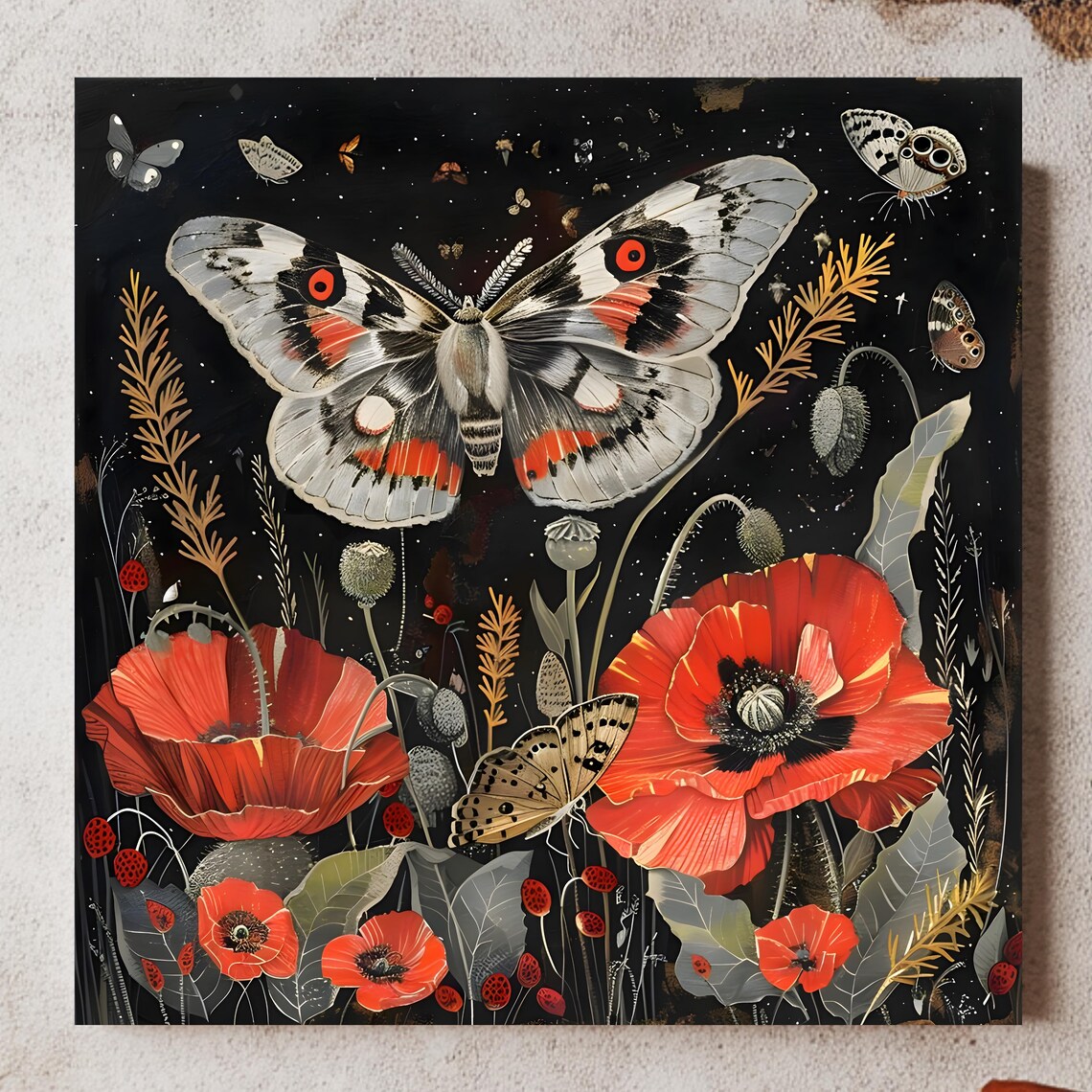 Moths And Poppies, Cottagecore Floral Nature Poster