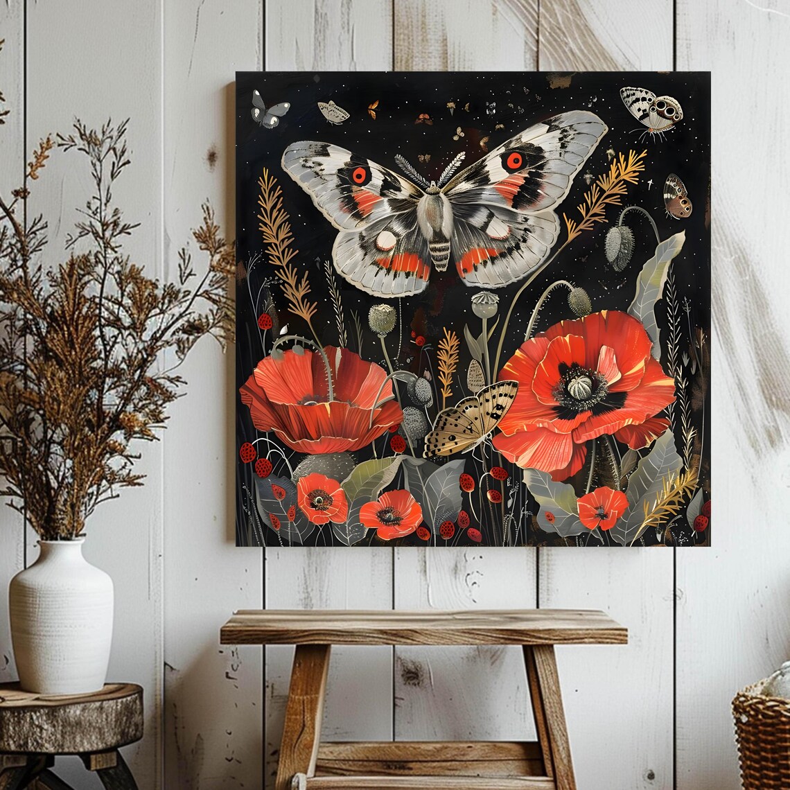 Moths And Poppies, Cottagecore Floral Nature Poster - Image 3