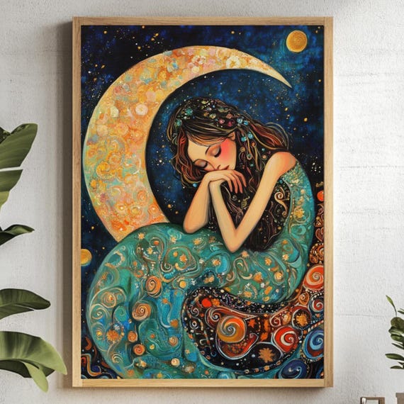 Moon Goddess Art Print, Celestial Mystical Woman