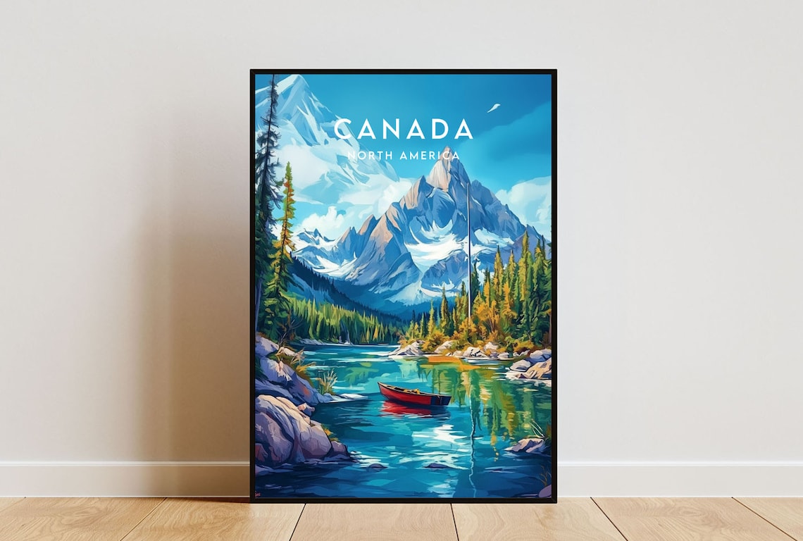 Canada North America Mountain Lake Canoe Wilderness Travel Poster