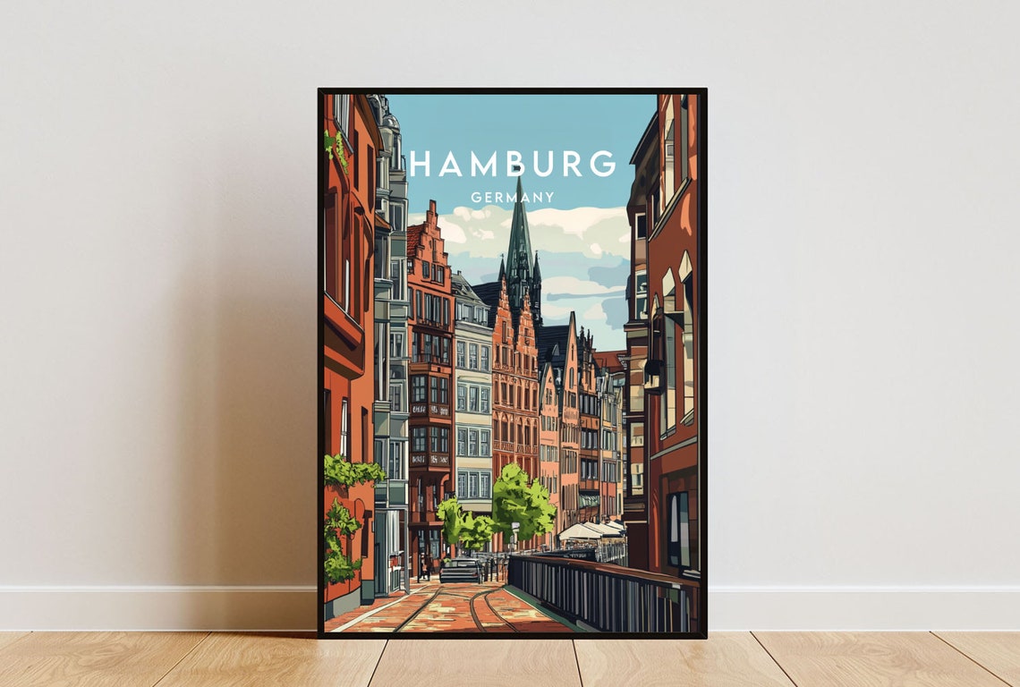 Hamburg Germany Historic Canal Street Church Spire Vintage Poster
