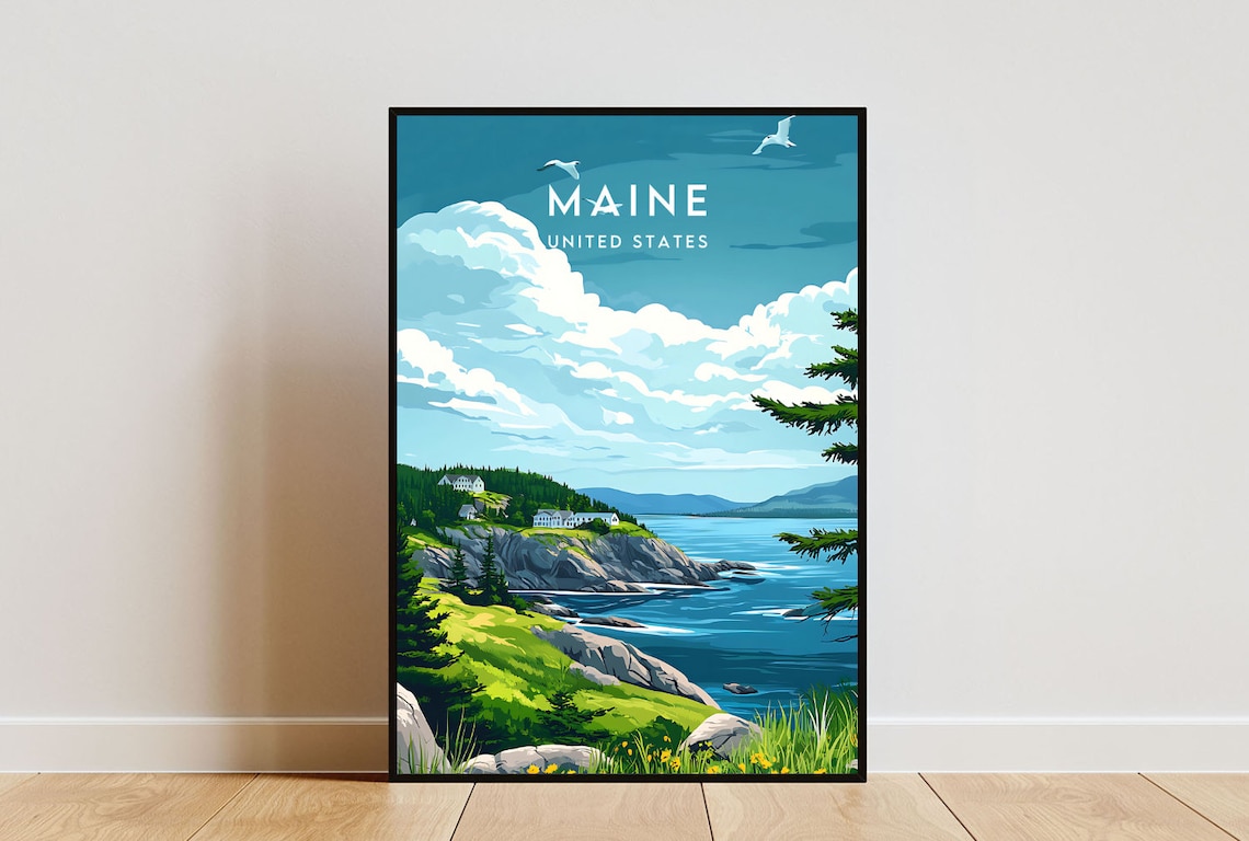 Maine USA Rocky Coast Lighthouse Seagulls Vintage Travel Poster