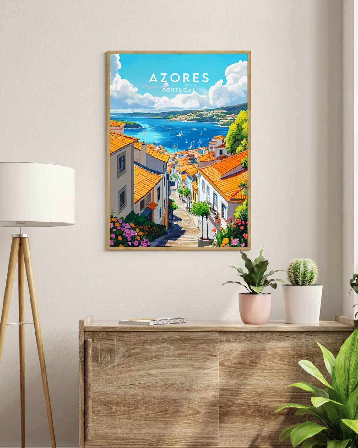 Azores Harbor Whitewashed Hillside Town Ocean View Travel Poster - Image 3