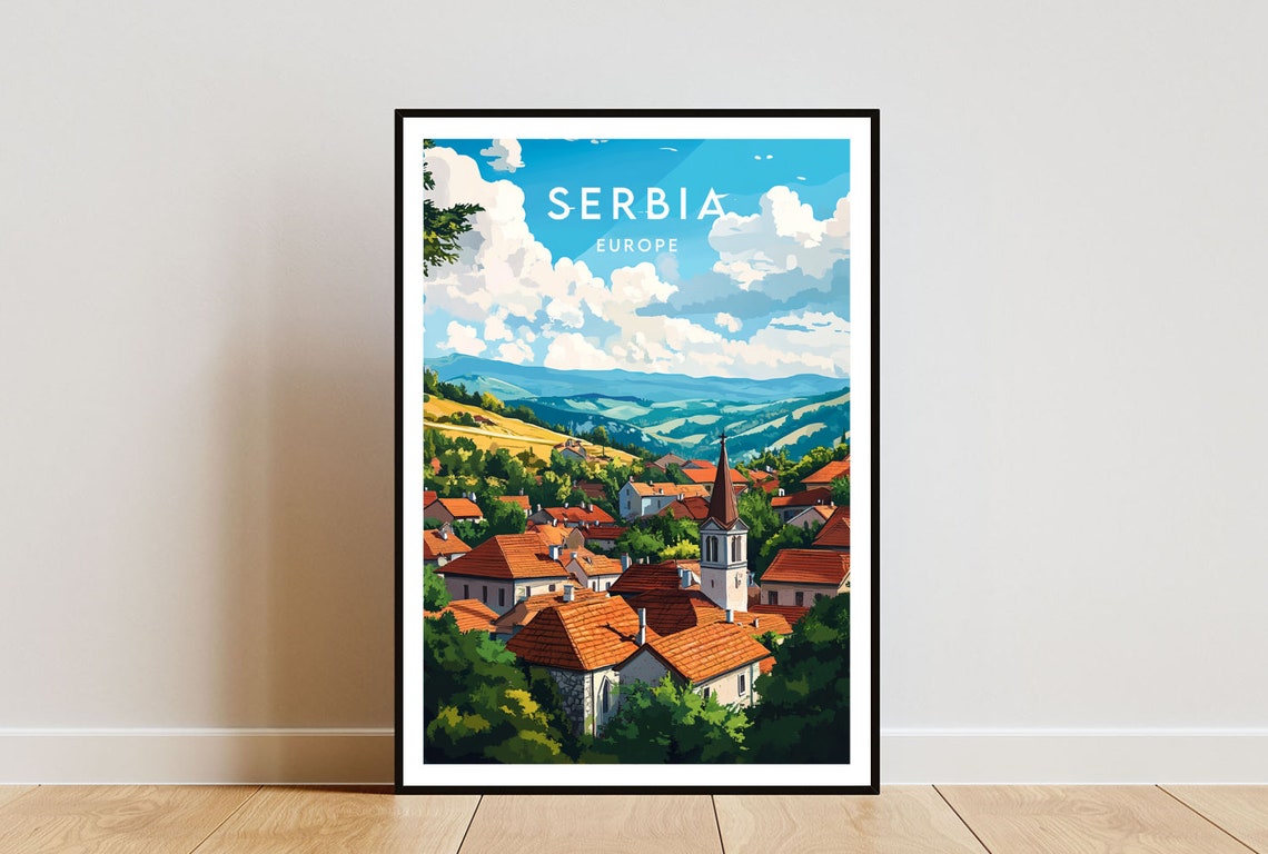 Serbia Village Church Hills Rolling Countryside Europe Travel Poster