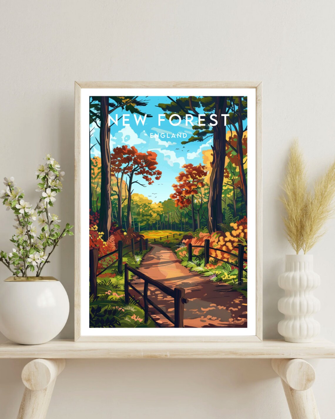 New Forest England Autumn Woodland Path Wooden Fence Nature Poster - Image 4