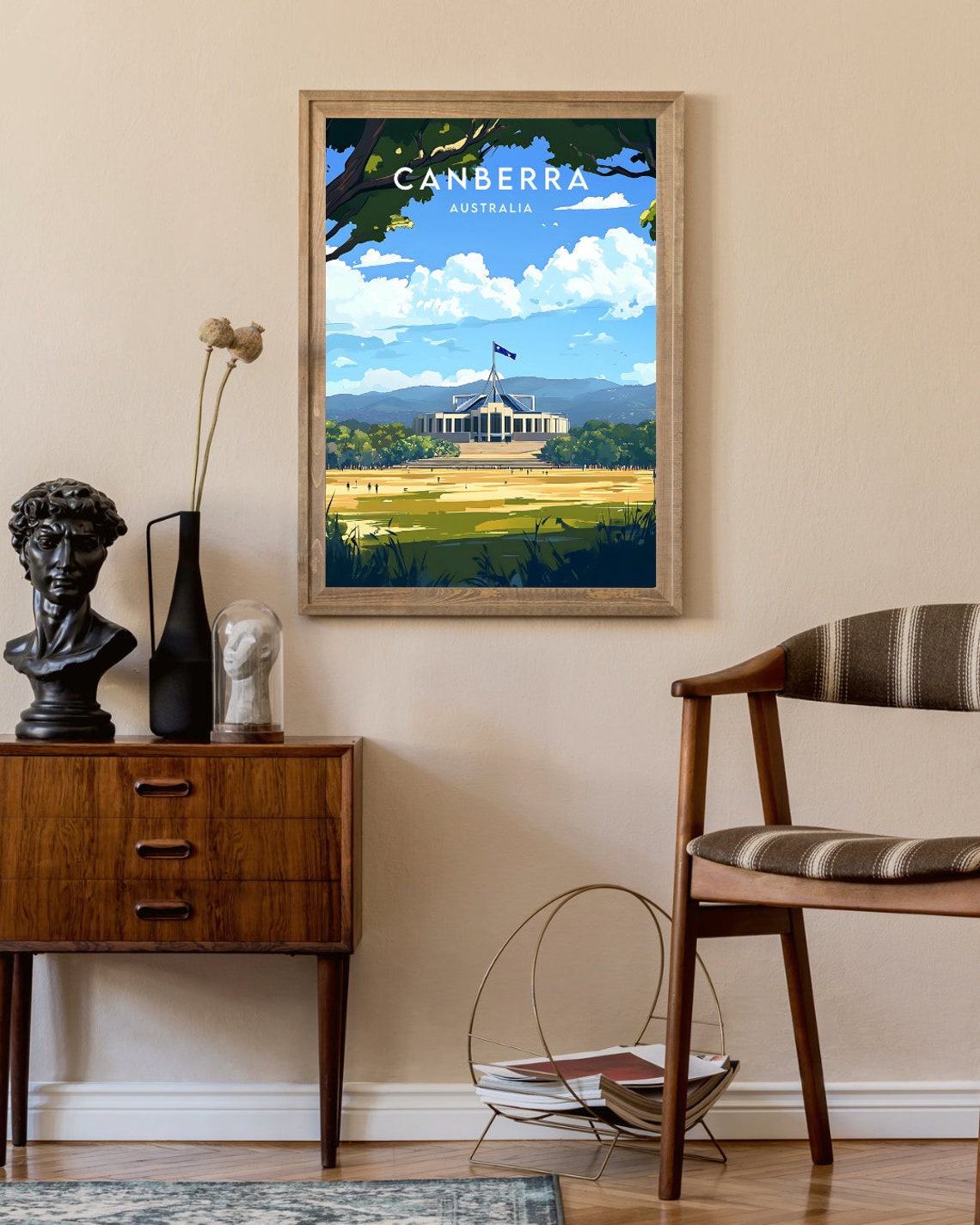 Canberra Australia Lakeside Capital Skyline Vintage Travel Poster - Image 2